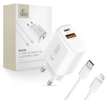 Tech-Protect NCA30 PD 30W QC3.0 USB-A / USB-C Wall Charger + Cable - White