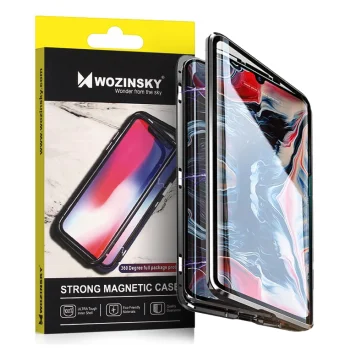 Wozinsky Full Magnetic dėklas Samsung Galaxy A72 4G su stiklu priekyje ir gale, juodas skaidrus
