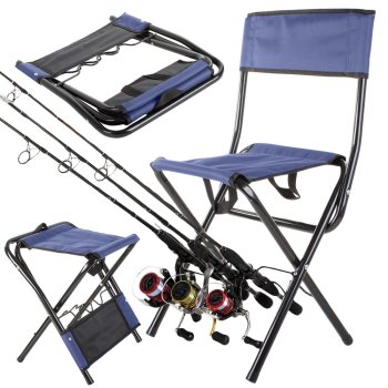 Fishing chair with backrest and rod holder, blue