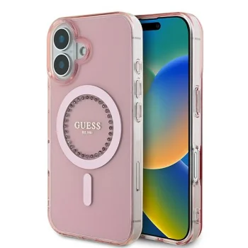 Guess dėklas iPhone 16 telefonui IML Rhinestones MagSafe, rožinis