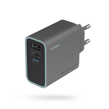Cuktech 65W GaN tinklo įkroviklis (2 x USB-C / 1 x USB-A), pilkas