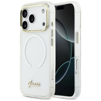 Guess IML Gradient Script Metal MagSafe dėklas skirtas iPhone 17 Pro, baltas