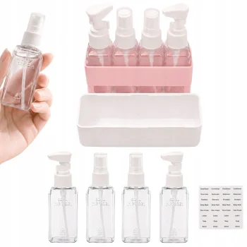 Kelioninių buteliukų rinkinys kosmetikai 4x50 ml su dėklu ir etiketėmis