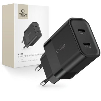 Tech-Protect C20W tinklo įkroviklis 2x USB-C PD 20W, juodas