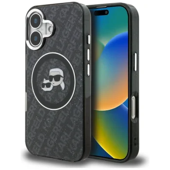Karl Lagerfeld IML Glitter Karl & Choupette MagSafe Case for iPhone 16, Black