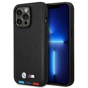 BMW dėklas iPhone 14 Pro telefonui Leather Stamp Tricolor MagSafe, juodas