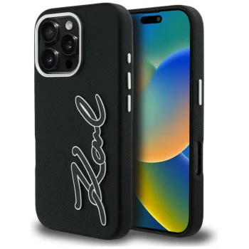 Karl Lagerfeld FW Grained Signature Logo iPhone 16 Pro Case, Black