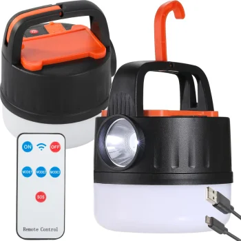 LED camping lantern with rechargeable battery, USB, solar charging, remote, hook