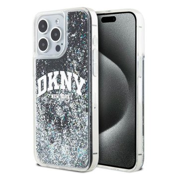 DKNY dėklas iPhone 15 Pro Max telefonui Liquid Glitters Arch Logo, juodas