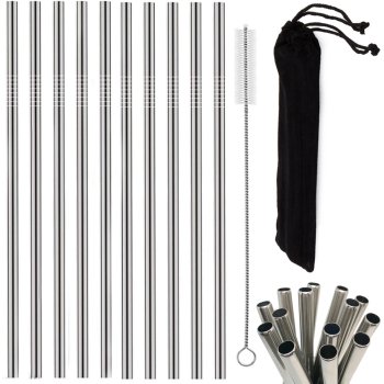 Reusable Metal Drinking Straws with Cleaning Brush, 10 pcs, Silver