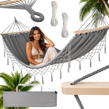 Grey Garden Hammock with Wooden Spreader Bars and Fringes 200 x 100 cm, with Bag
