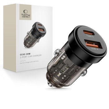 Tech-Protect CC03 30W automobilinis įkroviklis su USB-A ir USB-C jungtimis, juodas