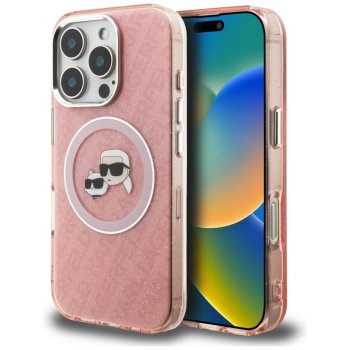 Karl Lagerfeld IML Glitter Karl & Choupette MagSafe dėklas iPhone 16 Pro Max, rožinis