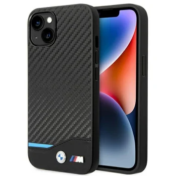 BMW dėklas iPhone 14 Plus telefonui Leather Carbon, juodas