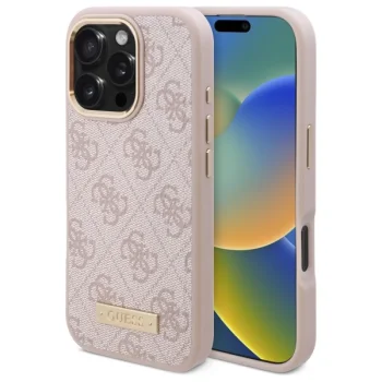 Guess dėklas iPhone 16 Pro Max su MagSafe 4G Logo Plate, rožinis