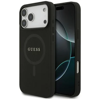 Guess Saffiano Classic Logo MagSafe dėklas iPhone 17 Pro Max / 18 Pro Max, juodas