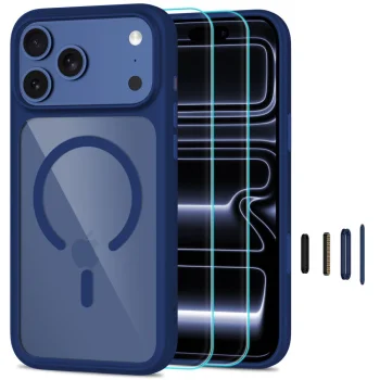 Tech-Protect MagOne MagSafe CC dėklas ir 2 apsauginiai stiklai iPhone 18 / 17 Pro Max, mėlynas/skaidrus