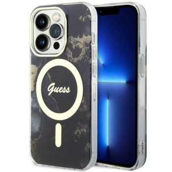 Guess Golden Marble MagSafe dėklas skirtas iPhone 14 Pro, juodas