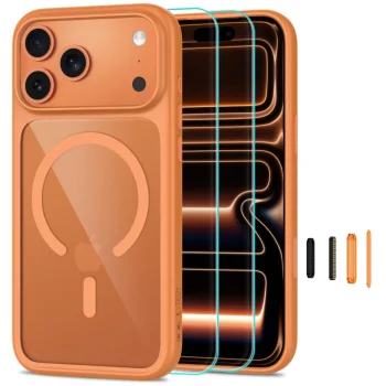 Tech-Protect MagOne CC MagSafe dėklas ir 2 apsauginiai stiklai iPhone 18 Pro / 17 Pro, oranžinis / skaidrus