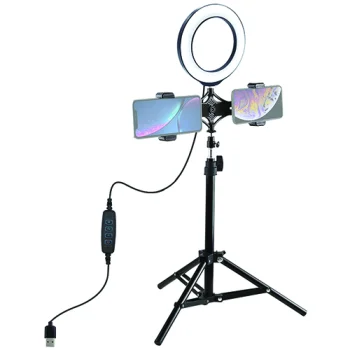 16 cm LED žiedinė lempa su stovu iki 70 cm ir dvigubu telefono laikikliu, USB