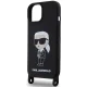 Karl Lagerfeld dėklas iPhone 15 telefonui su virvele Crossbody Silicone Ikonik, juodas