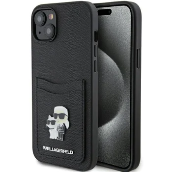Karl Lagerfeld dėklas iPhone 15 telefonui Saffiano Cardslot Karl&Choupette, juodas