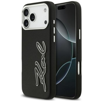 Karl Lagerfeld FW Grained Signature Logo dėklas iPhone 17 Pro Max telefonui, juodas