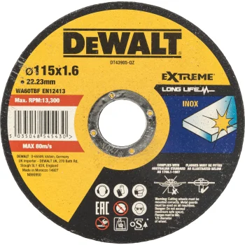 Pjovimo diskas DeWalt DT43905-QZ INOX metalui, 115 x 1.6 x 22,23 mm