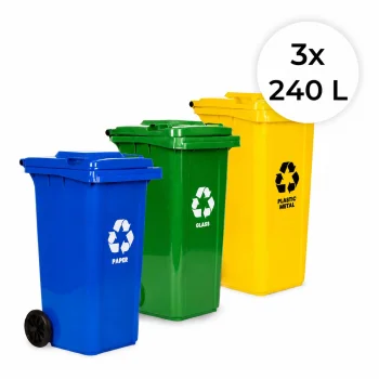 3 Šiukšliadėžių Rinkinys 3x240 L Mėlyna Žalia Geltona