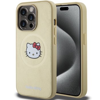 Hello Kitty dėklas iPhone 15 Pro Max telefonui Leather Kitty Head MagSafe, auksinis