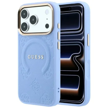 Dėklas Guess Saffiano Peony & Ring MagSafe telefonui iPhone 17 Pro / 18 Pro, šviesiai mėlynas