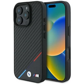 BMW M Carbon Tricolor Line MagSafe dėklas iPhone 16 Pro telefonui, juodas