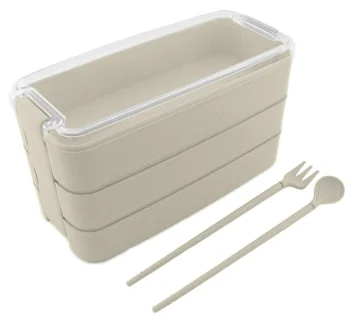 Lunchbox with Three Compartments, Lid and Cutlery, 900 ml, Beige
