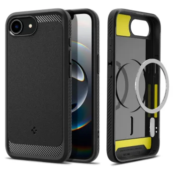 Spigen Rugged Armor Mag dėklas iPhone 16e telefonui, matinė juoda