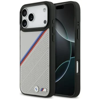 BMW M Tricolor Metal Logo MagSafe dėklas, skirtas iPhone 17 Pro Max, pilkas