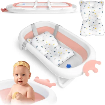 Sulankstoma kūdikio vonelė Ricokids RK-280 su pagalvėle, balta/rožinė