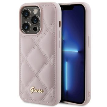 Guess dėklas iPhone 15 Pro, Quilted Metal Logo, rožinis