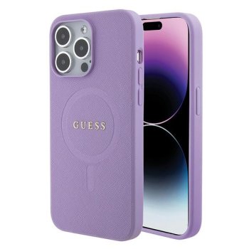 Guess dėklas iPhone 15 Pro Max telefonui Saffiano 4G Metal Logo MagSafe, violetinis