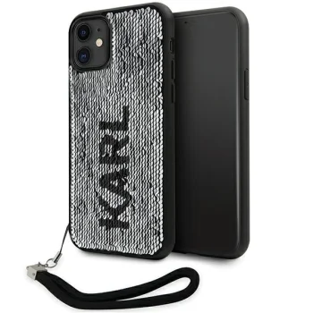 Karl Lagerfeld iPhone 11 / XR dėklas Sequins Cord, sidabrinis