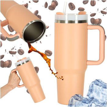 Termo puodelis su šiaudeliu ir rankena, 1200ml, pudros rožinė