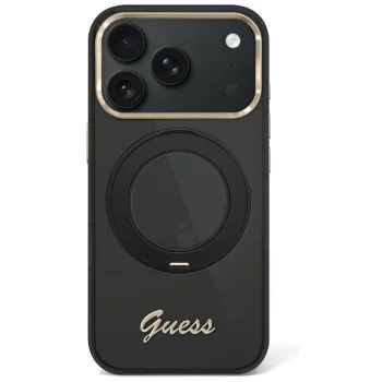 Guess IML Ring Stand 360 Script Metal Logo MagSafe dėklas iPhone 17 Pro Max / 18 Pro Max, juodas