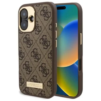 Guess iPhone 16 dėklas 4G Logo Plate MagSafe, rudas