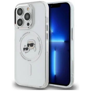 Karl Lagerfeld dėklas iPhone 14 Pro telefonui IML Metal Karl & Choupette MagSafe, baltas