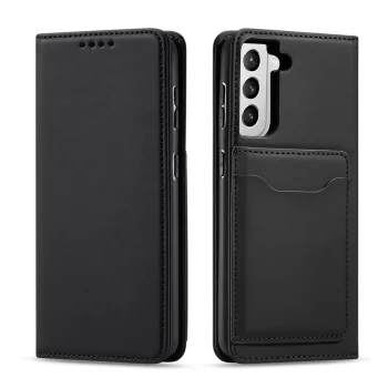 Atverčiamasis dėklas Samsung Galaxy S22+ (S22 Plus) su kortelių dėklu ir stovu, juodas