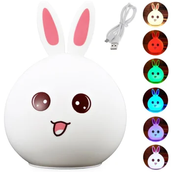 Vaikiška LED naktinė lempa Kiškis, silikoninė, RGB, USB, balta