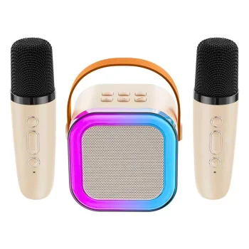 Karaoke aparatas su Bluetooth garsiakalbiu ir 2 belaidžiais mikrofonais, baltas