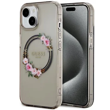 Guess dėklas iPhone 15 / 14 / 13 IML Flowers Wreath MagSafe, juodas