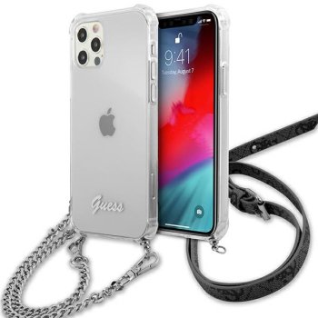 Guess dėklas iPhone 12 / 12 Pro telefonui, skaidrus su sidabrine grandinėle