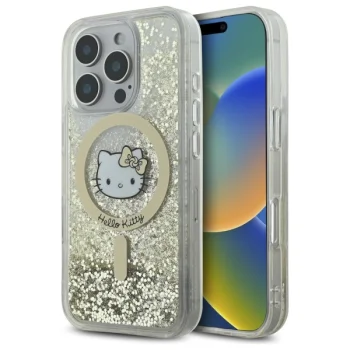 Hello Kitty dėklas iPhone 16 Pro su MagSafe, Liquid Glitter Fever, auksinis