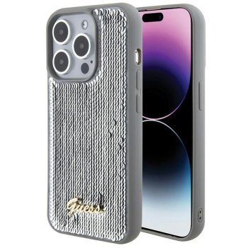 Guess dėklas iPhone 15 Pro telefonui Sequin Script Metal, sidabrinis